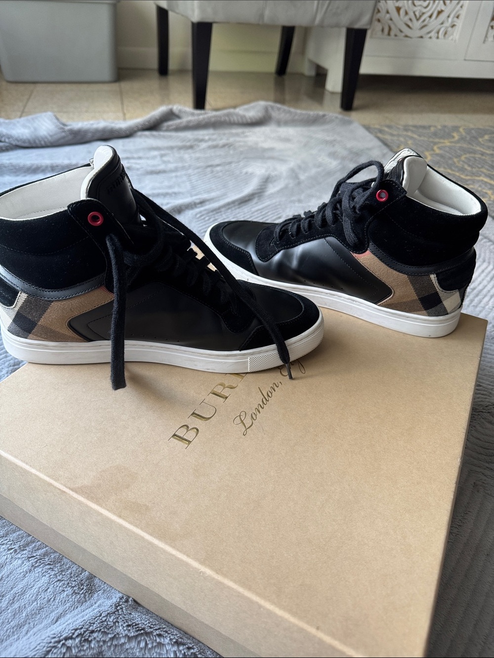 Burberry Black and Beige High-Top Check Sneakers